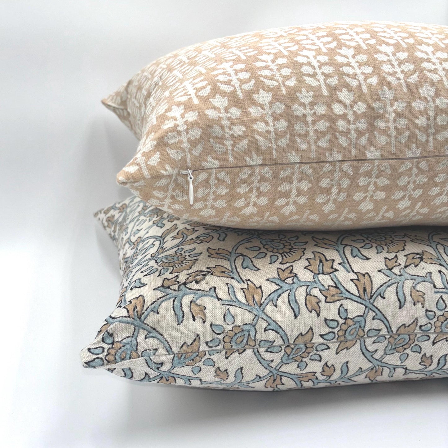 Emilia - hand block printed linen pillow cover (peach, blue)