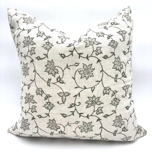Isabel - hand block printed linen pillow cover (olive green)