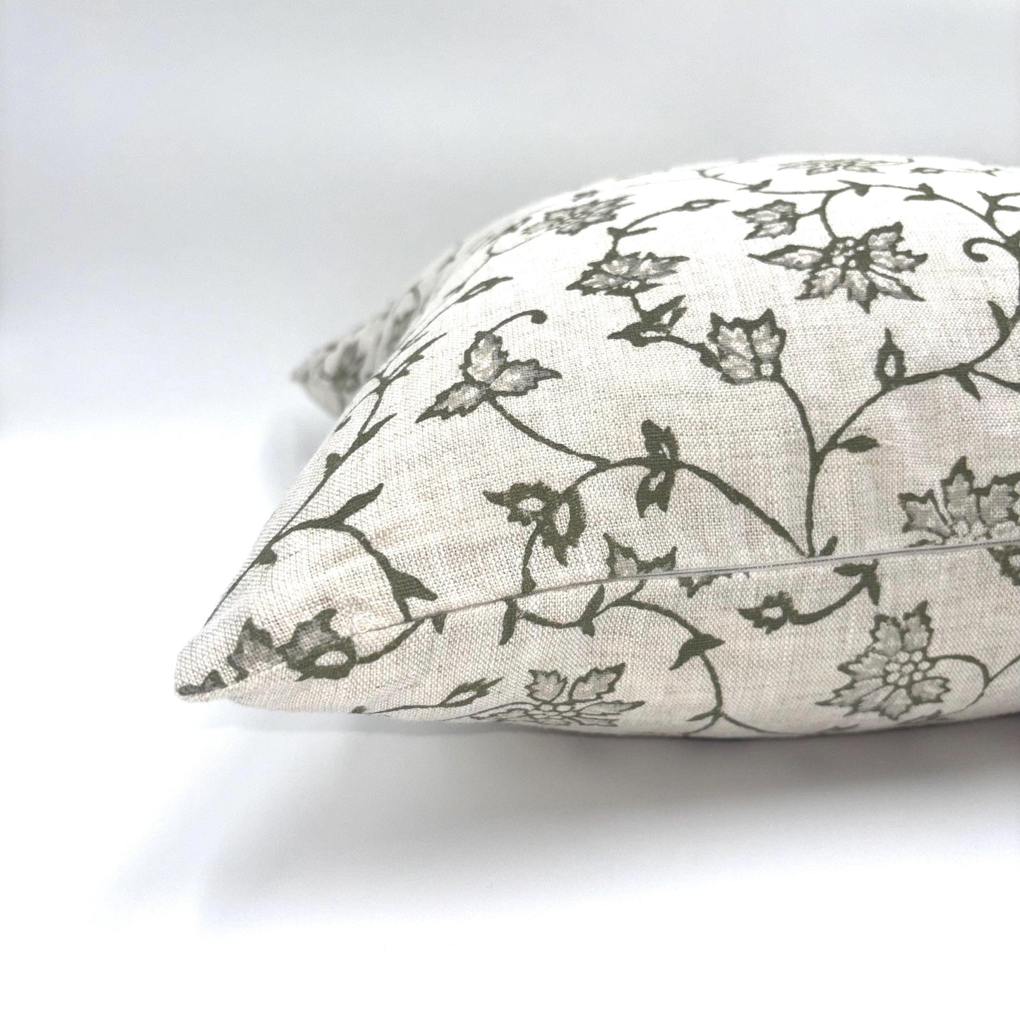 Isabel - hand block printed linen pillow cover (olive green)