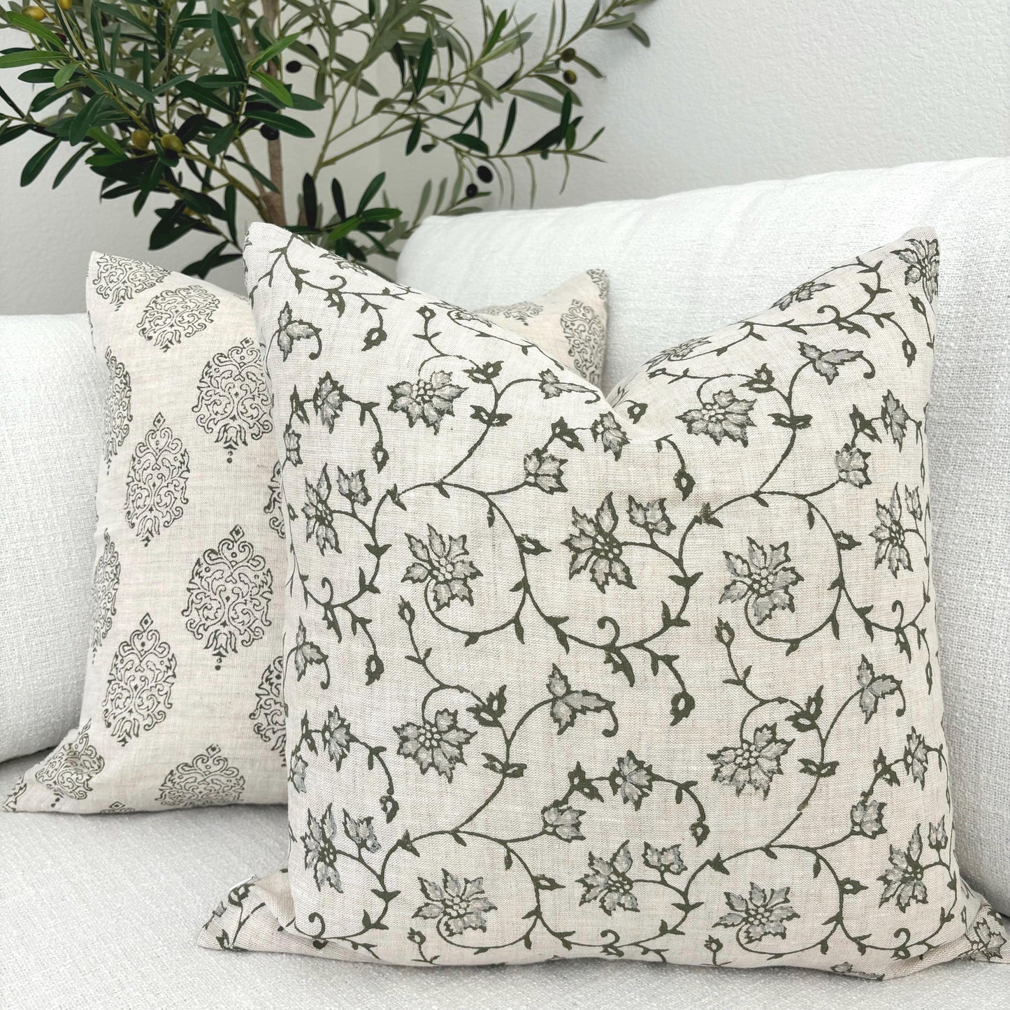 Isabel - hand block printed linen pillow cover (olive green)