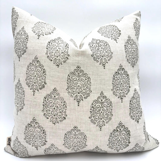 Lola - hand block printed linen pillow cover (olive green)