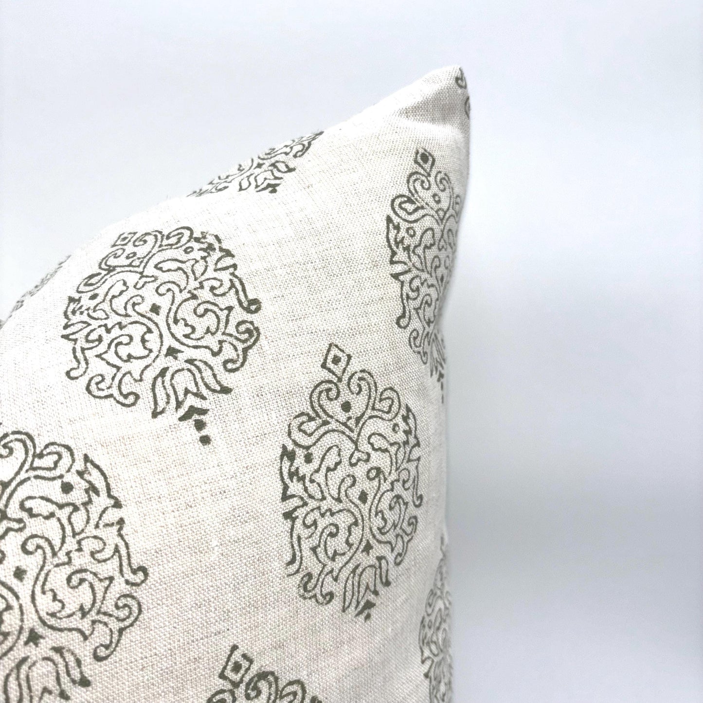 Lola - hand block printed linen pillow cover (olive green)