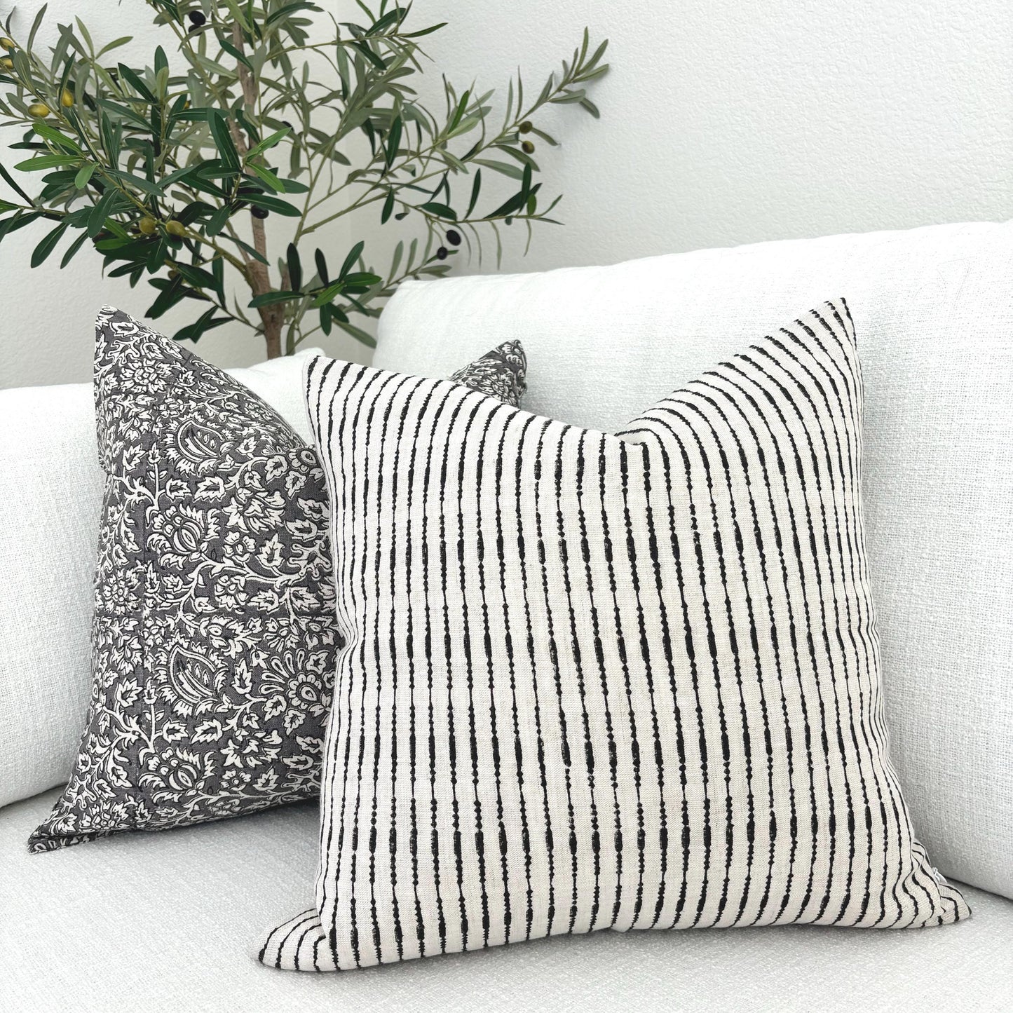 Ida - hand block printed linen pillow cover (black)