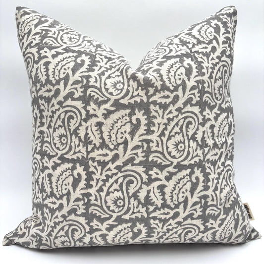 Hannah - hand block printed linen pillow cover (gray)