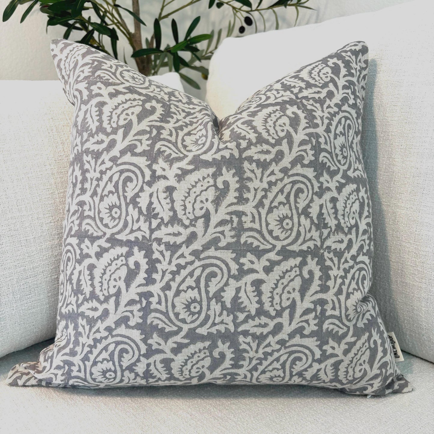 Hannah - hand block printed linen pillow cover (gray)