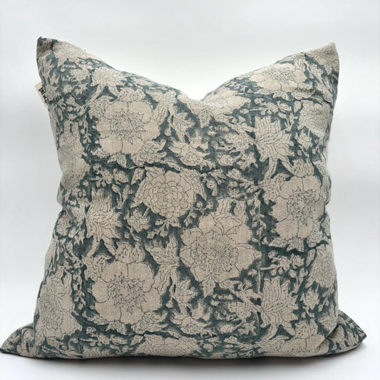 Adeline - hand block printed linen pillow cover (turquoise)