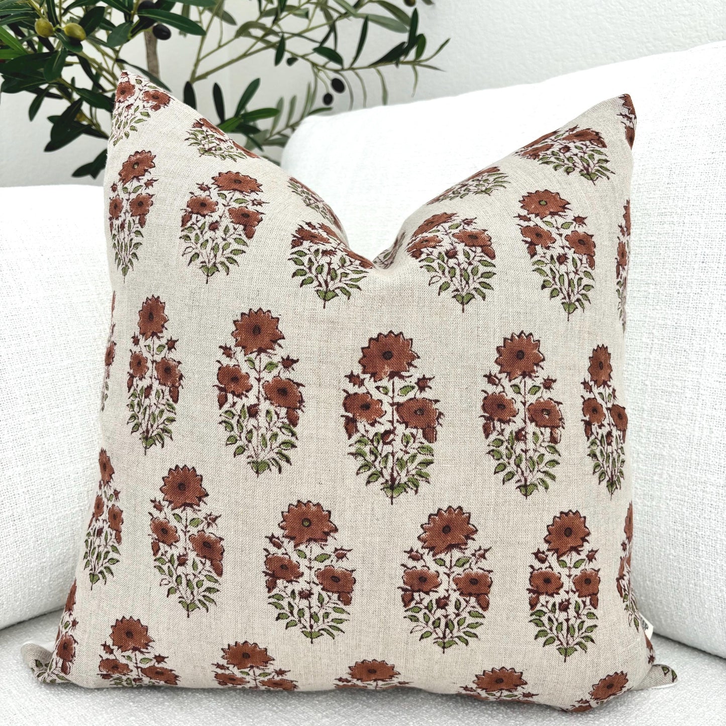 Adele - hand bock printed linen pillow cover (brown)