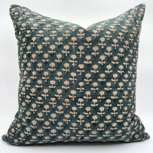 Audrey - hand block printed linen pillow cover (blue)