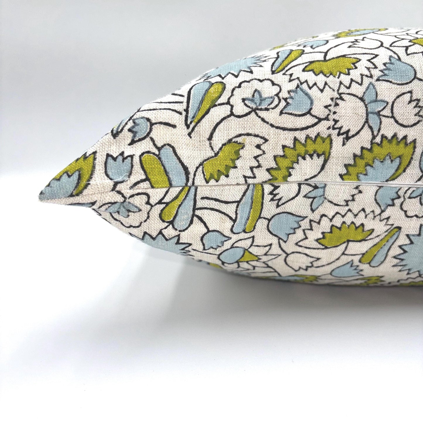Charlotte - hand block printed linen pillow cover (green, blue)