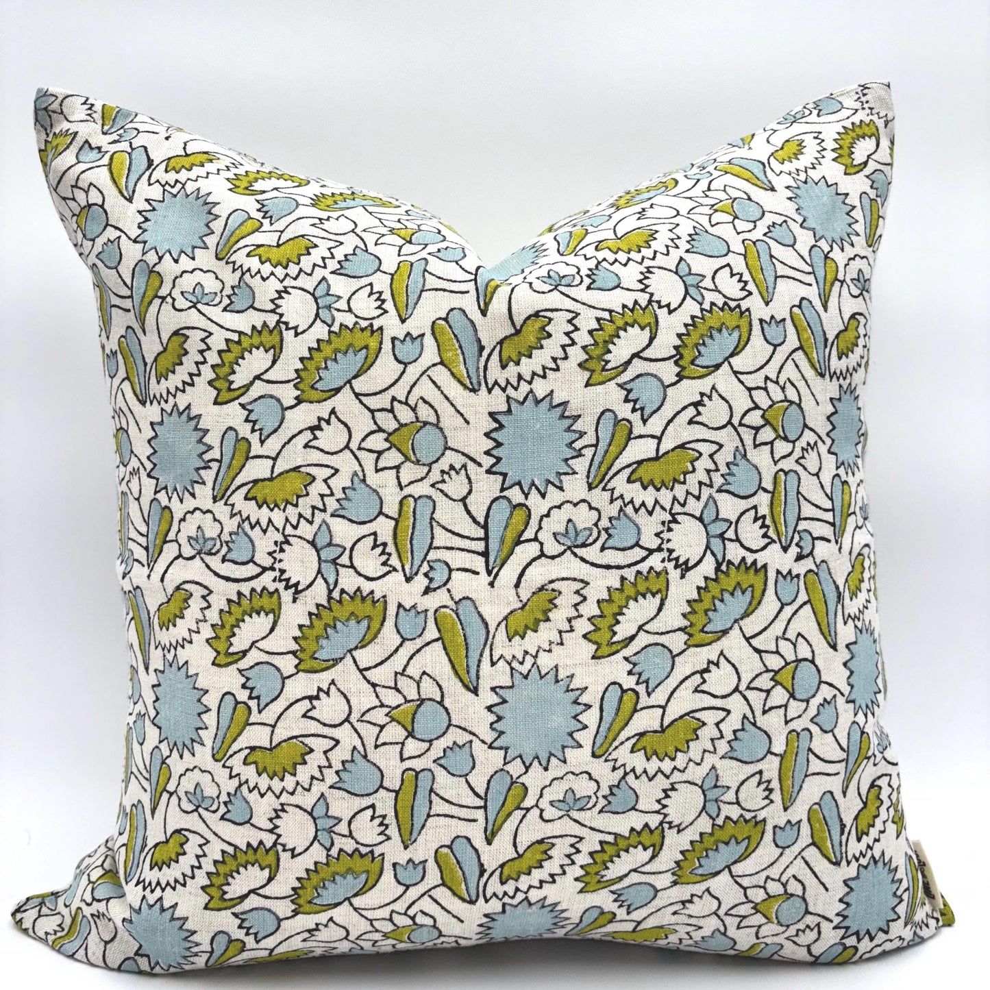 Charlotte - hand block printed linen pillow cover (green, blue)