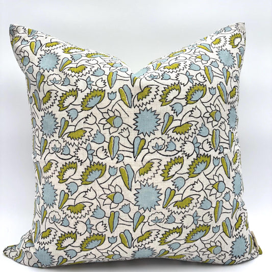 Charlotte - hand block printed linen pillow cover (green, blue)