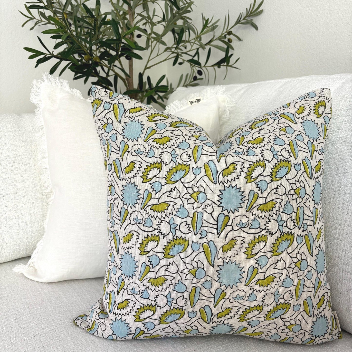 Charlotte - hand block printed linen pillow cover (green, blue)