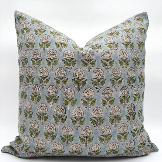 Hazel - hand block printed linen pillow cover (blue, green)