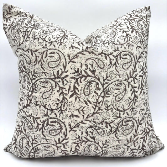 Lina - hand block printed linen pillow cover (brown)