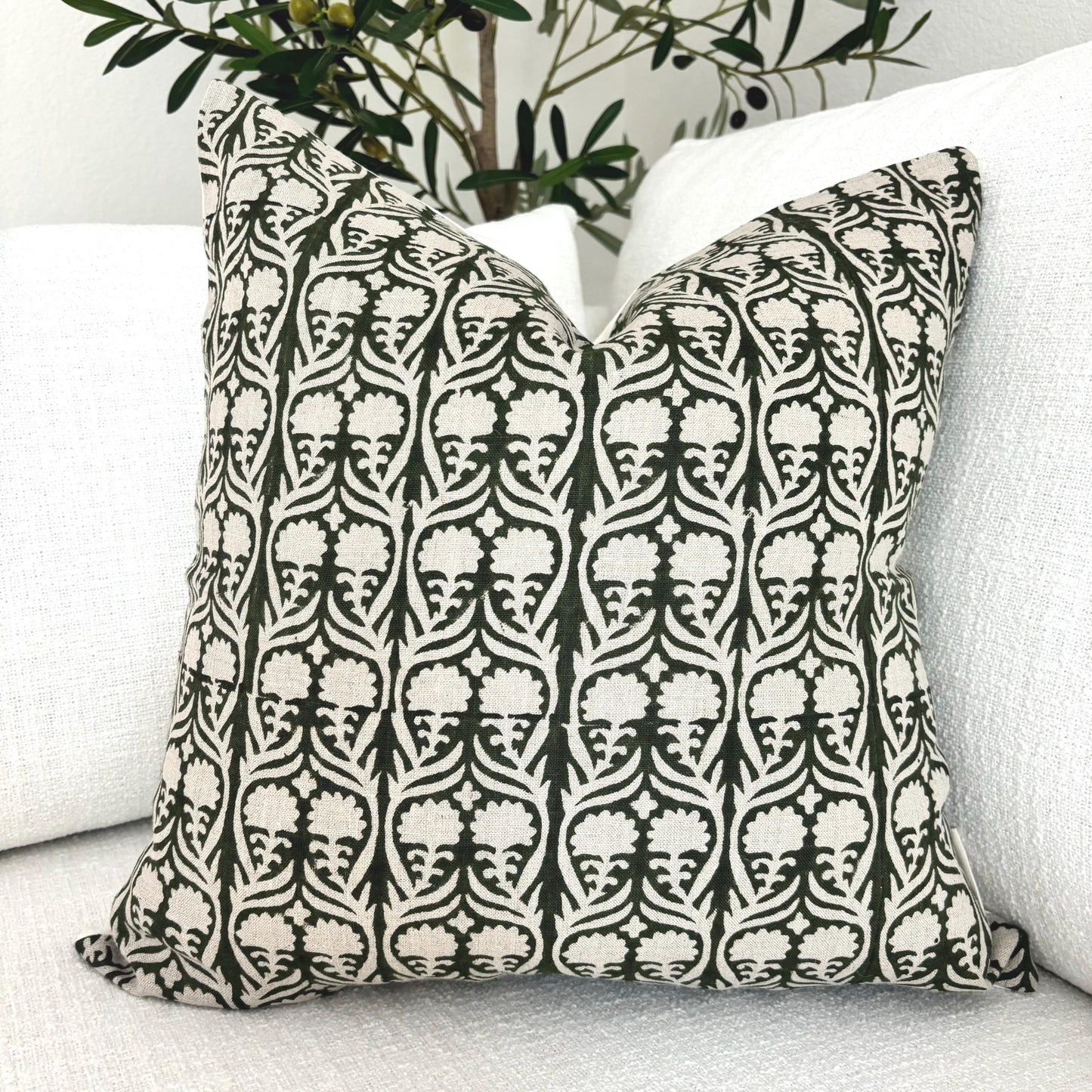 Eva - hand block printed linen pillow cover (green)