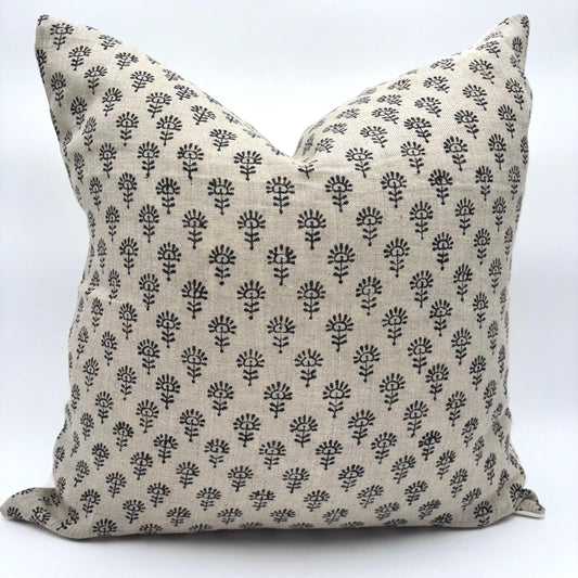 Mia - hand block printed linen pillow cover (black)