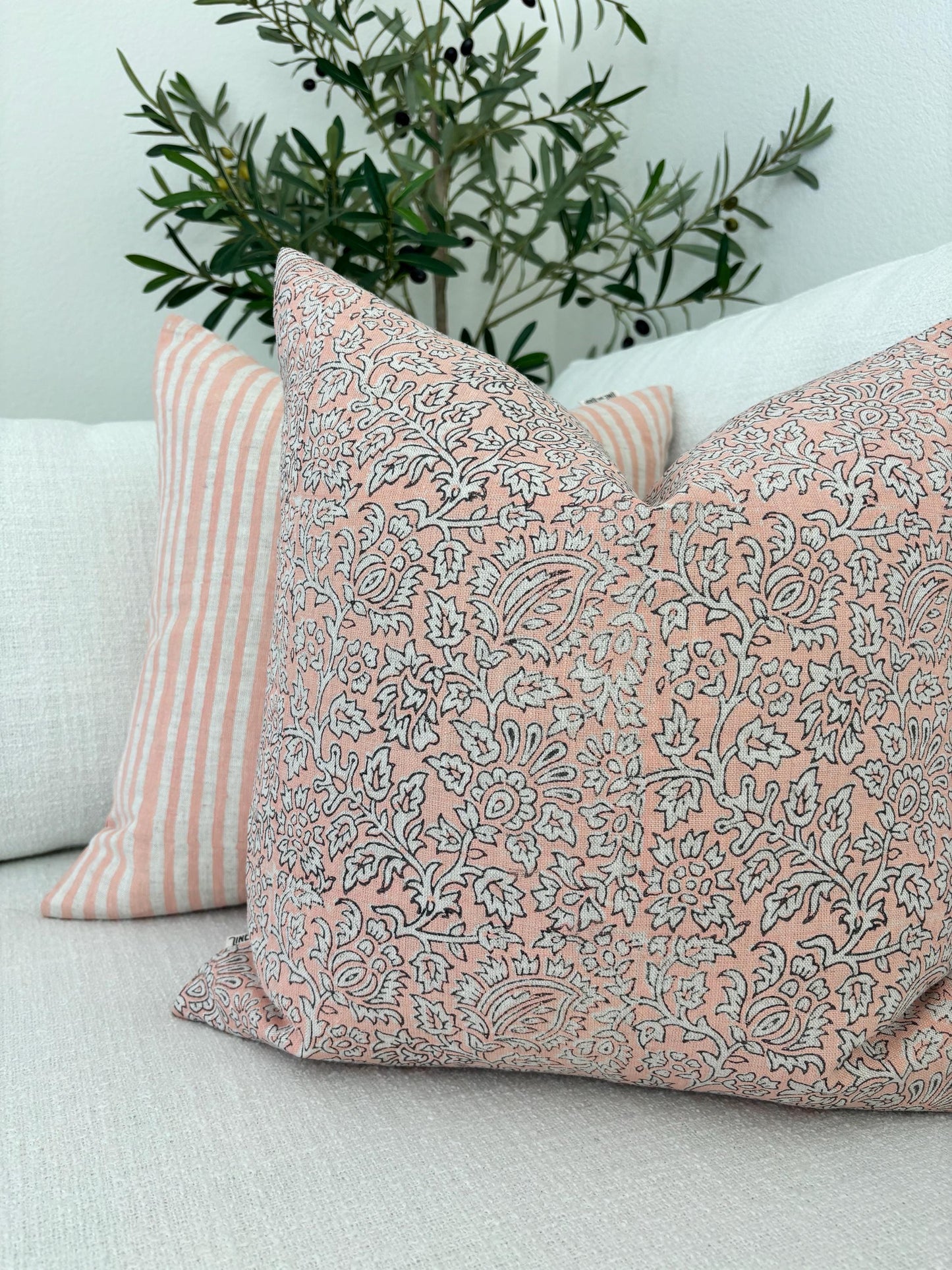 Finn - hand block printed linen pillow cover (blush pink)