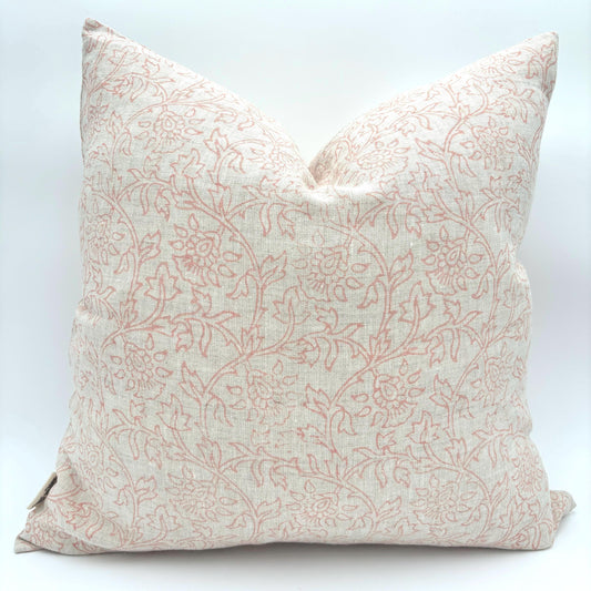 Kate - hand block printed linen pillow cover (pink)