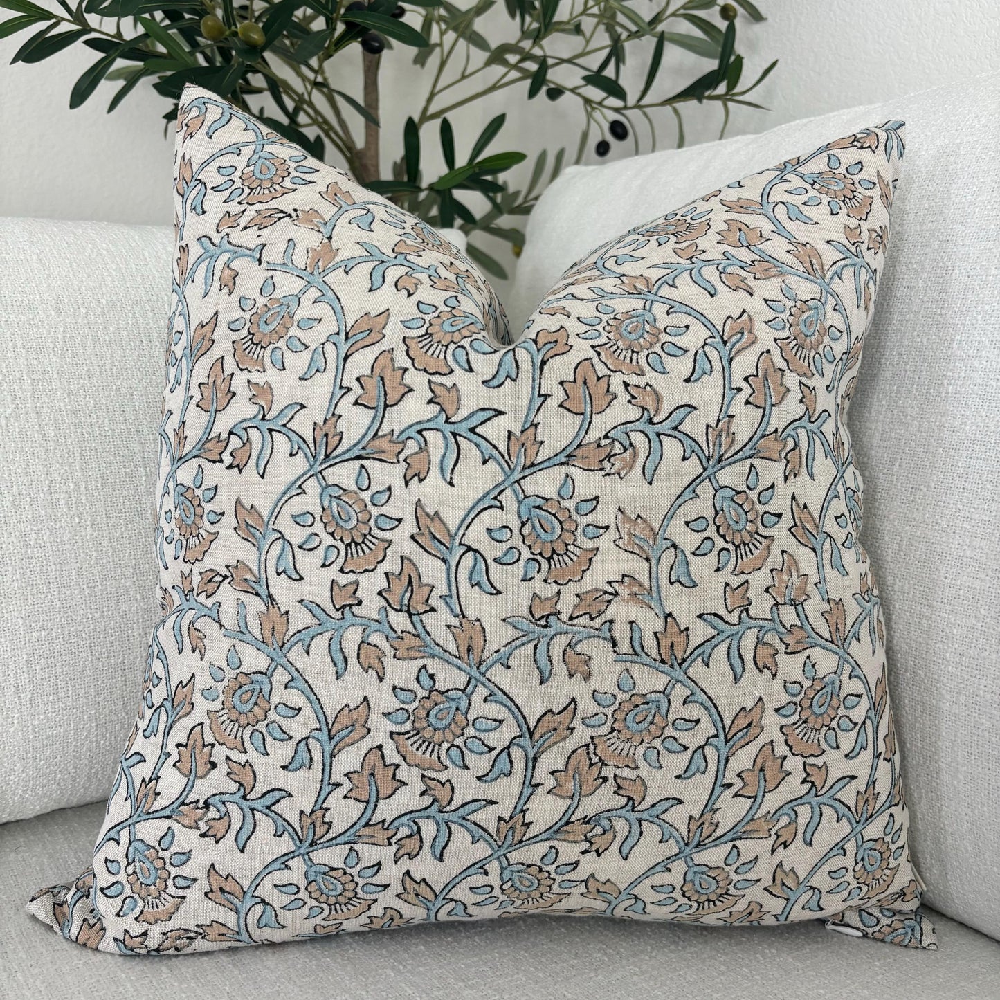 Emilia - hand block printed linen pillow cover (peach, blue)