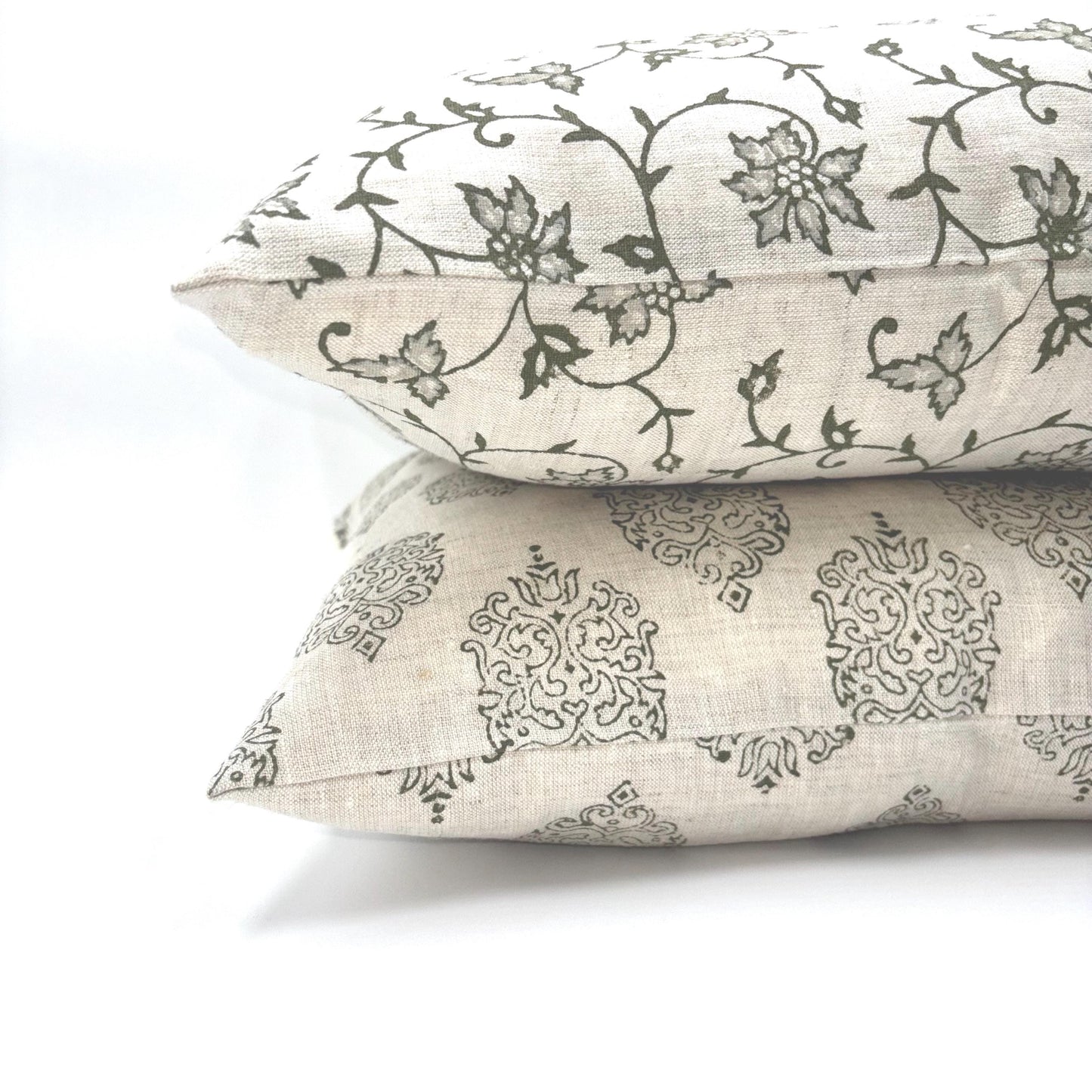 Isabel - hand block printed linen pillow cover (olive green)