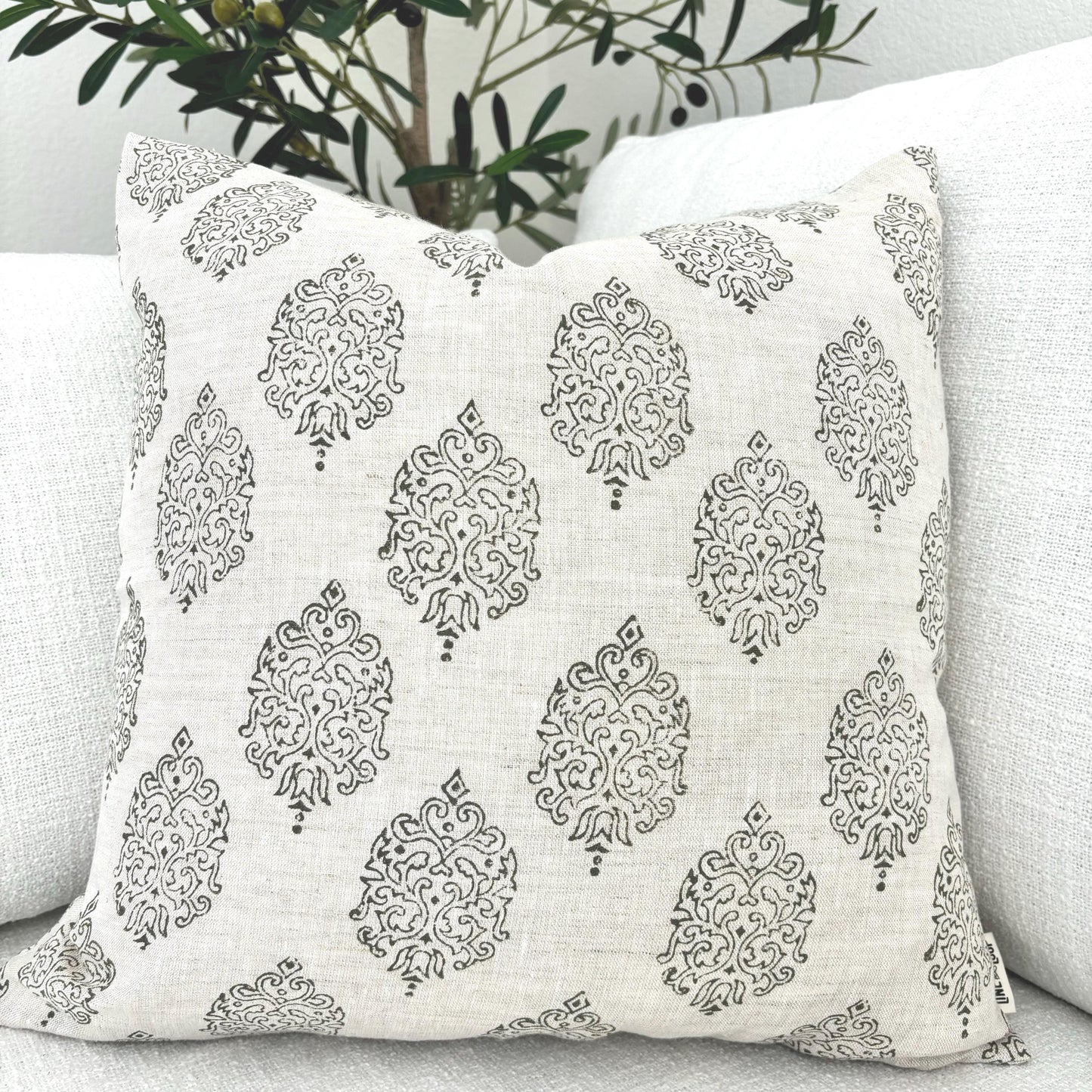 Lola - hand block printed linen pillow cover (olive green)
