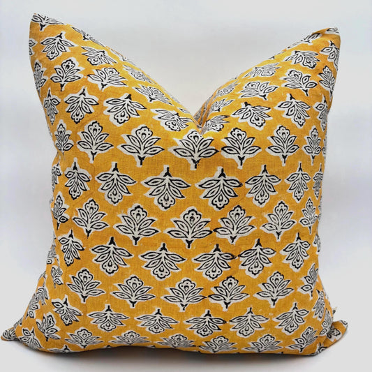 Ada - hand block printed linen pillow cover (yellow)