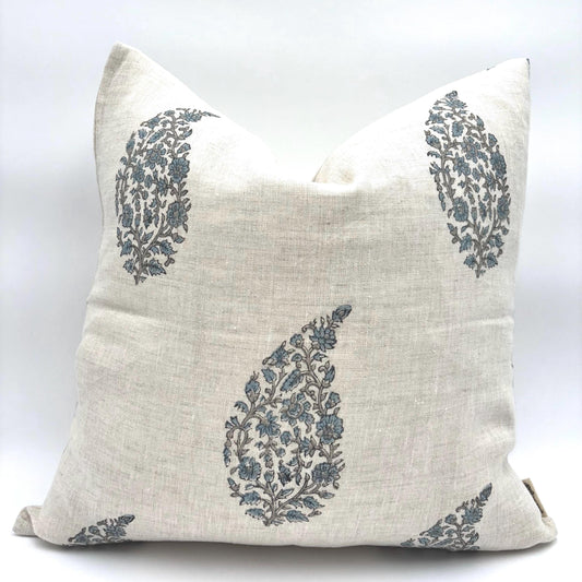 Lia - hand block printed linen pillow cover (blue, gray)