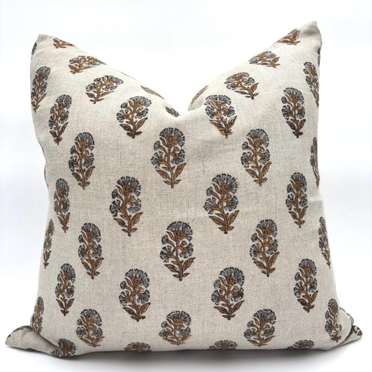 Lily - hand block printed linen pillow cover (rust, gray)
