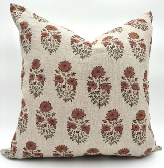 Adele - hand bock printed linen pillow cover (brown)