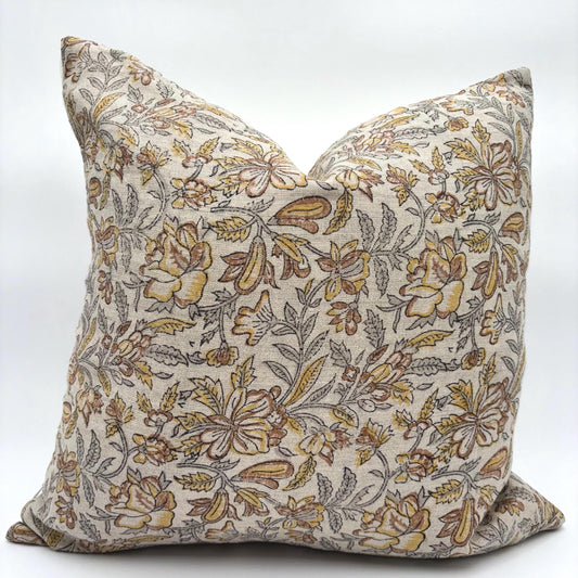 Anne - hand block printed linen pillow cover (brown)