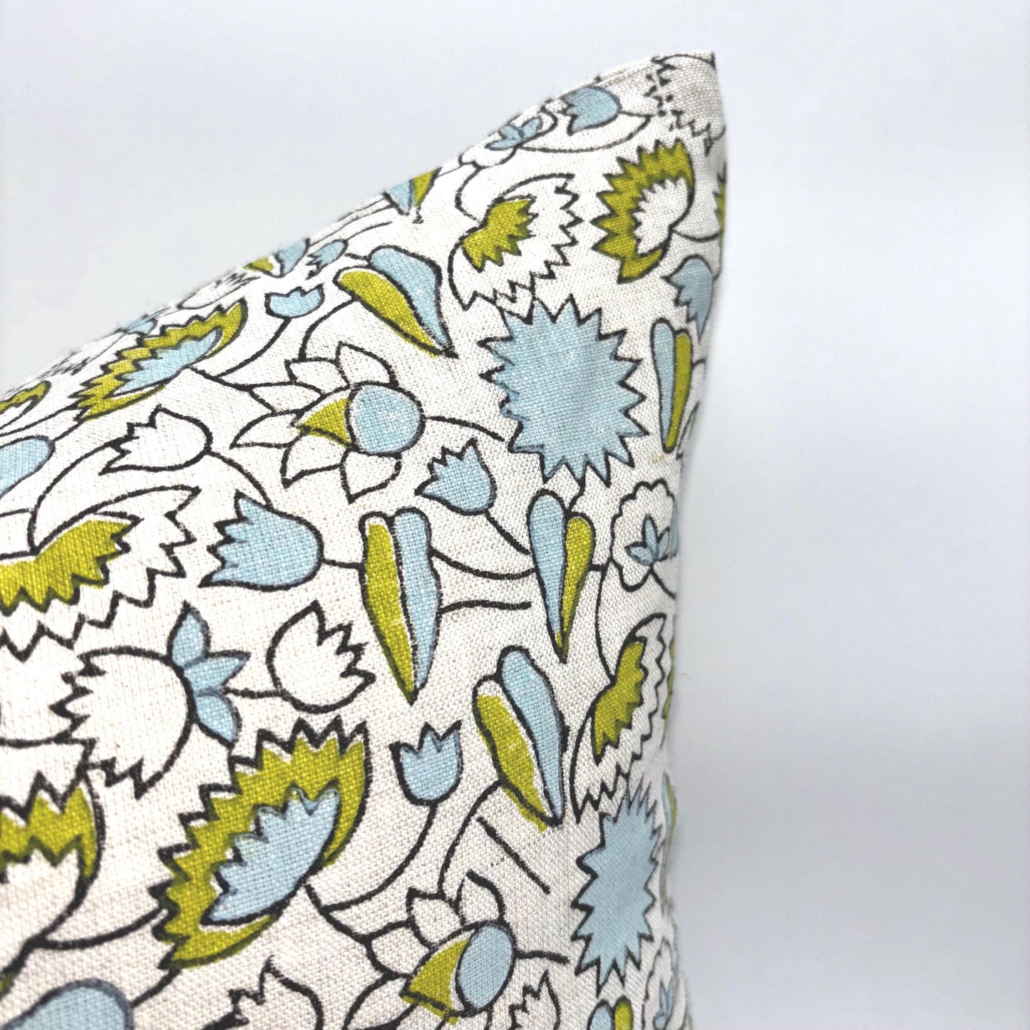 Charlotte - hand block printed linen pillow cover (green, blue)