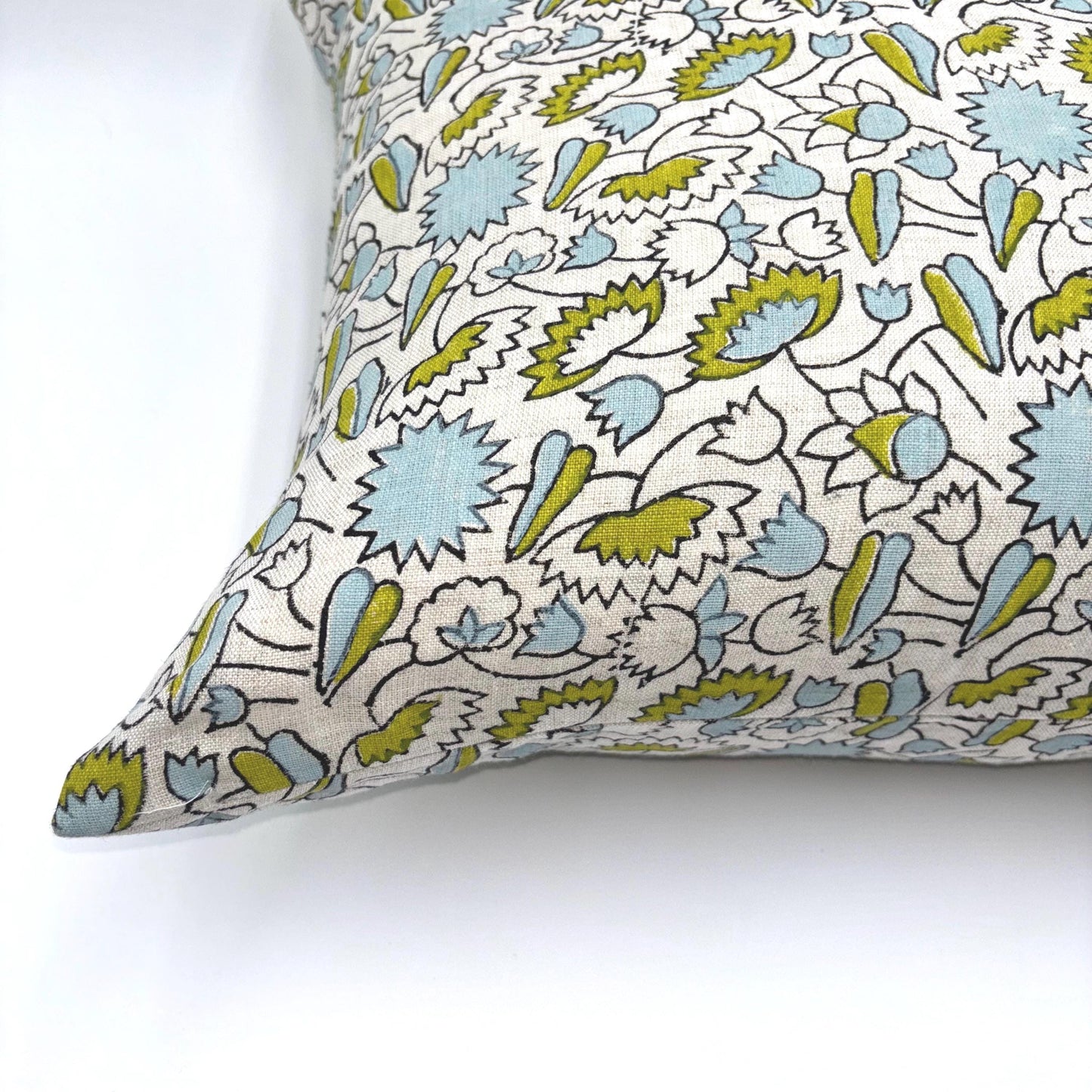 Charlotte - hand block printed linen pillow cover (green, blue)