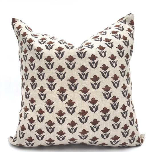 Tulip - hand block printed linen pillow cover (rust)