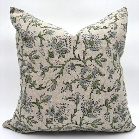 Claire - hand block printed linen pillow cover (green, blue)