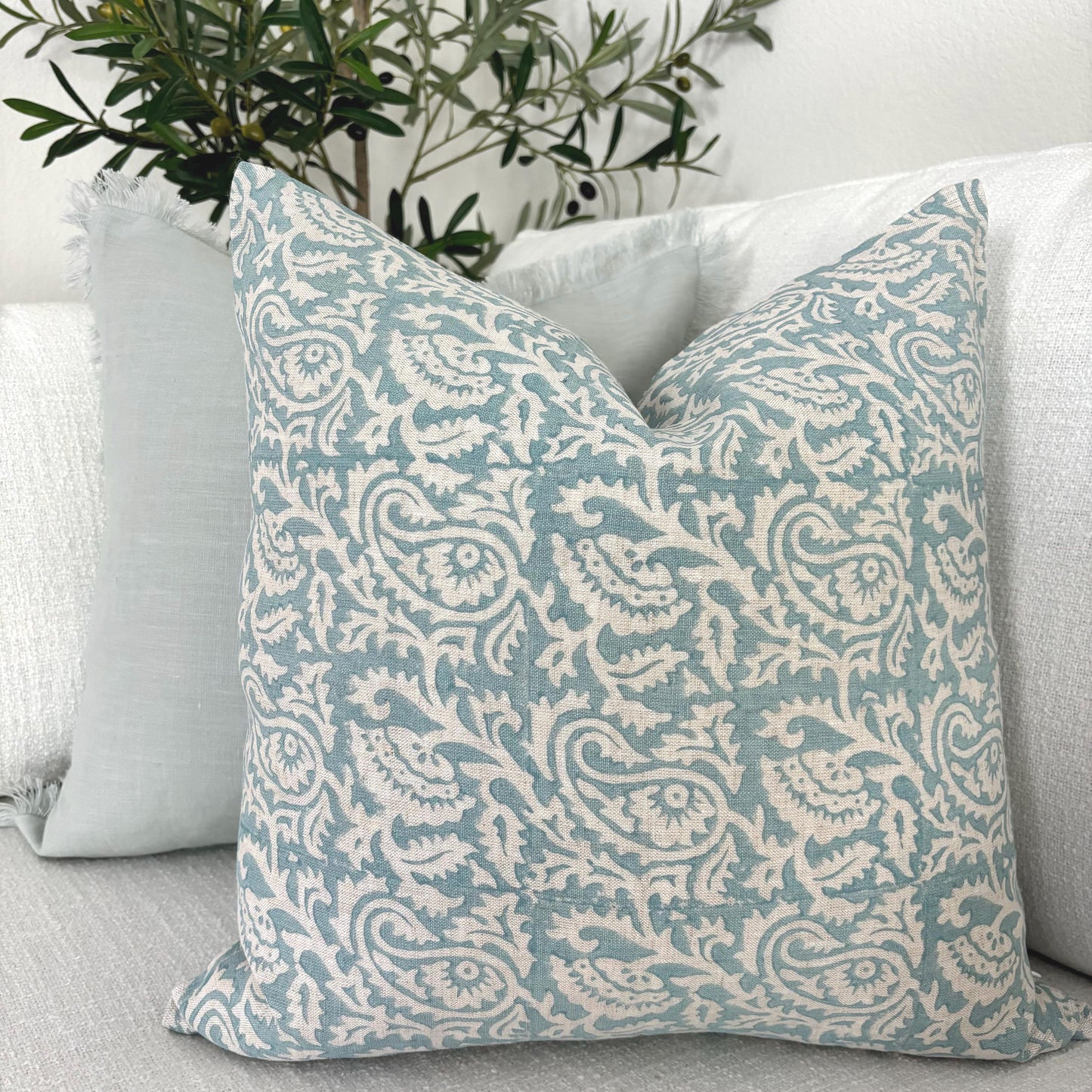 Livia - hand block printed linen pillow cover (sky blue)