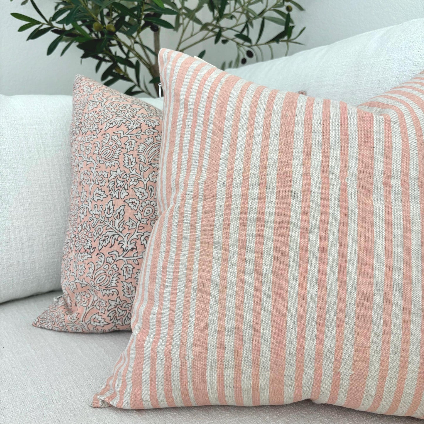 Liam - hand block printed linen pillow cover (light pink)