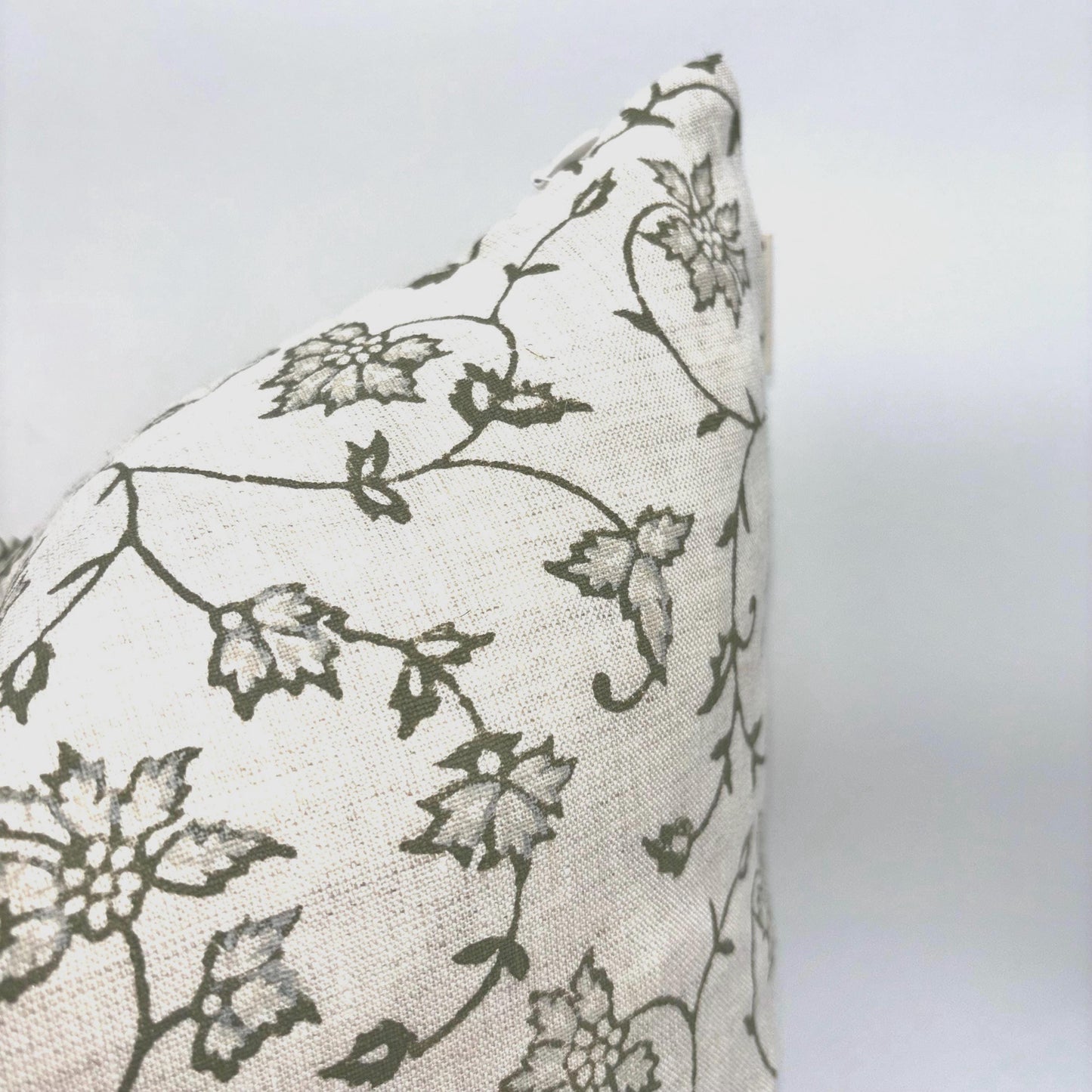 Isabel - hand block printed linen pillow cover (olive green)