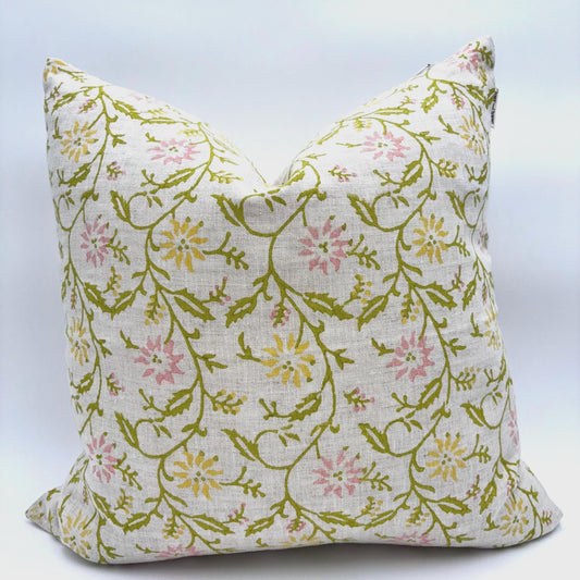 Vera - hand block printed linen pillow cover (green)