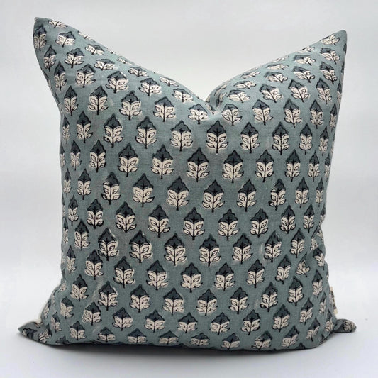 Lya - hand block printed linen pillow cover (turquoise)