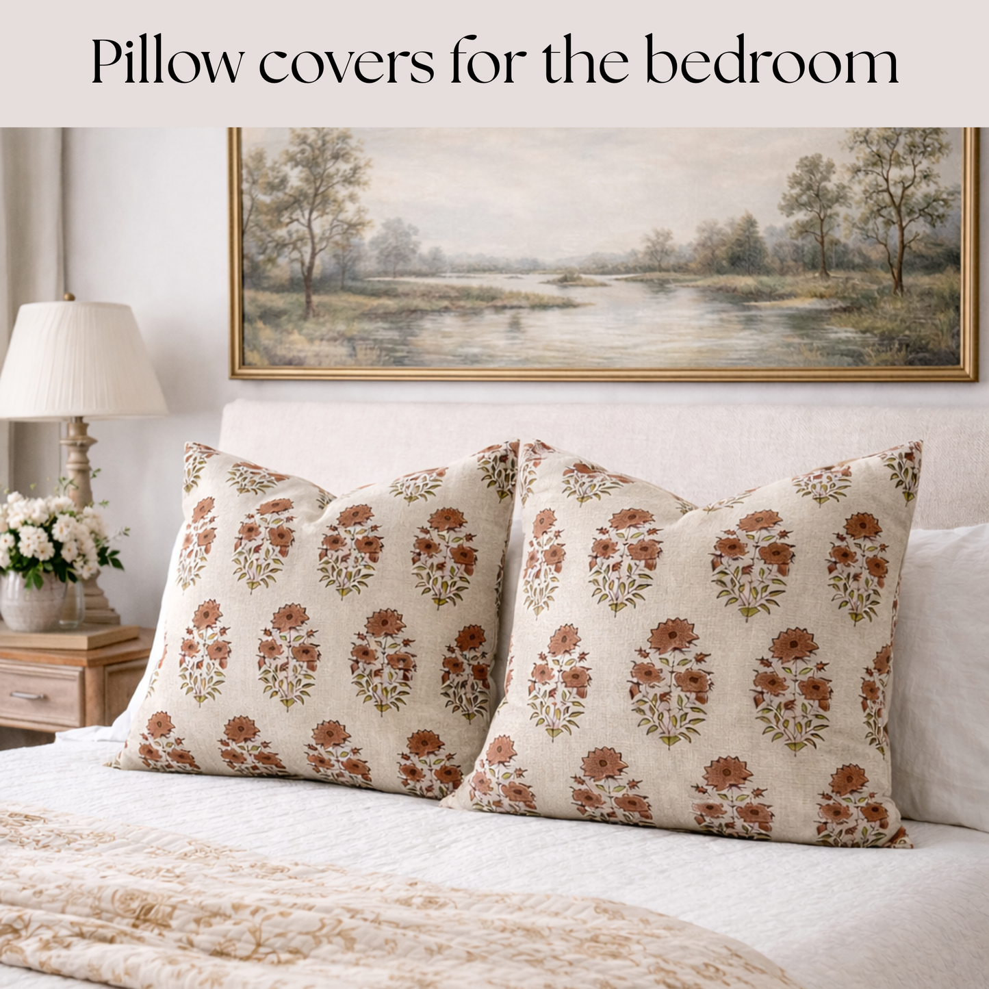 Block print floral pillow cover - brown and beige (Adele)