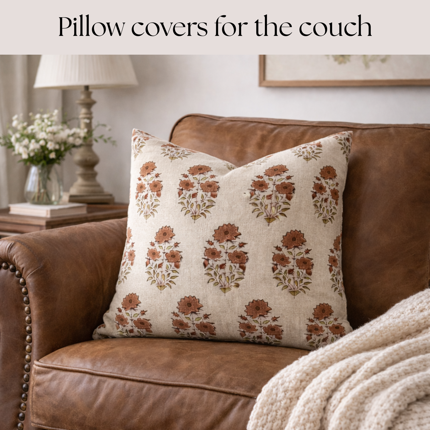 Block print floral pillow cover - brown and beige (Adele)